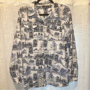 Karl Lagerfeld Womens Blouse XL Paris Print Button Up Roll Tab Parisian Scene